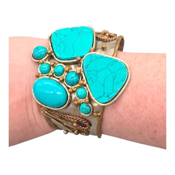Turquoise Modernist Brutalist Mixed Metal Cuff Bracelet Bronze Copper Silver - Picture 7 of 11